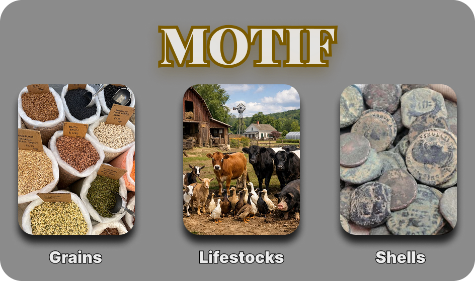 Barter era market scene with grains and livestock